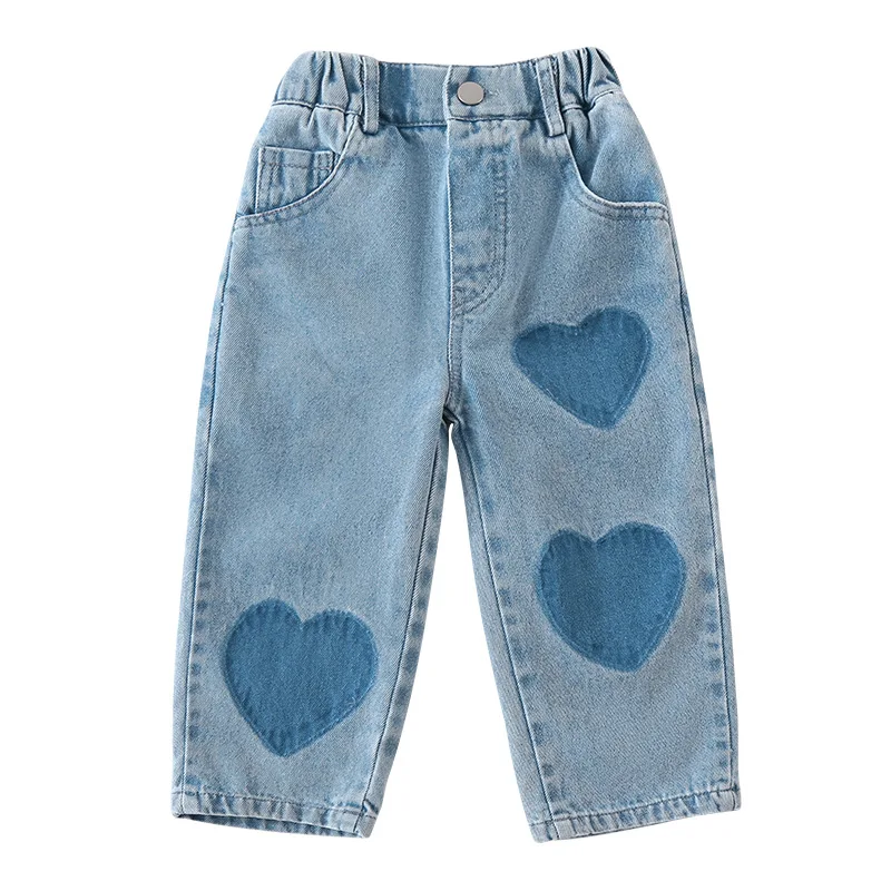 Children\'s Soft Jeans Love Casual Pants 2024 New Spring and Autumn Season Baby Straight Leg Pants