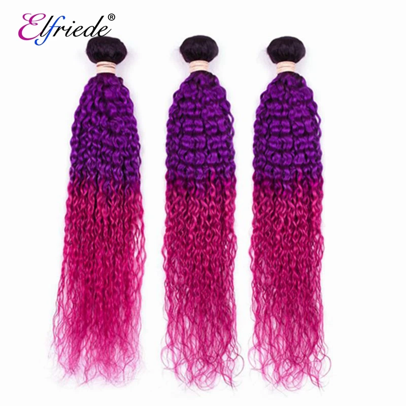 Elfriede 1B/Purple/Rose Red Kinky Curly Human Hair Bundles Colored Human Hair Extensions 3/4 Bundles Deals Human Hair Weaves