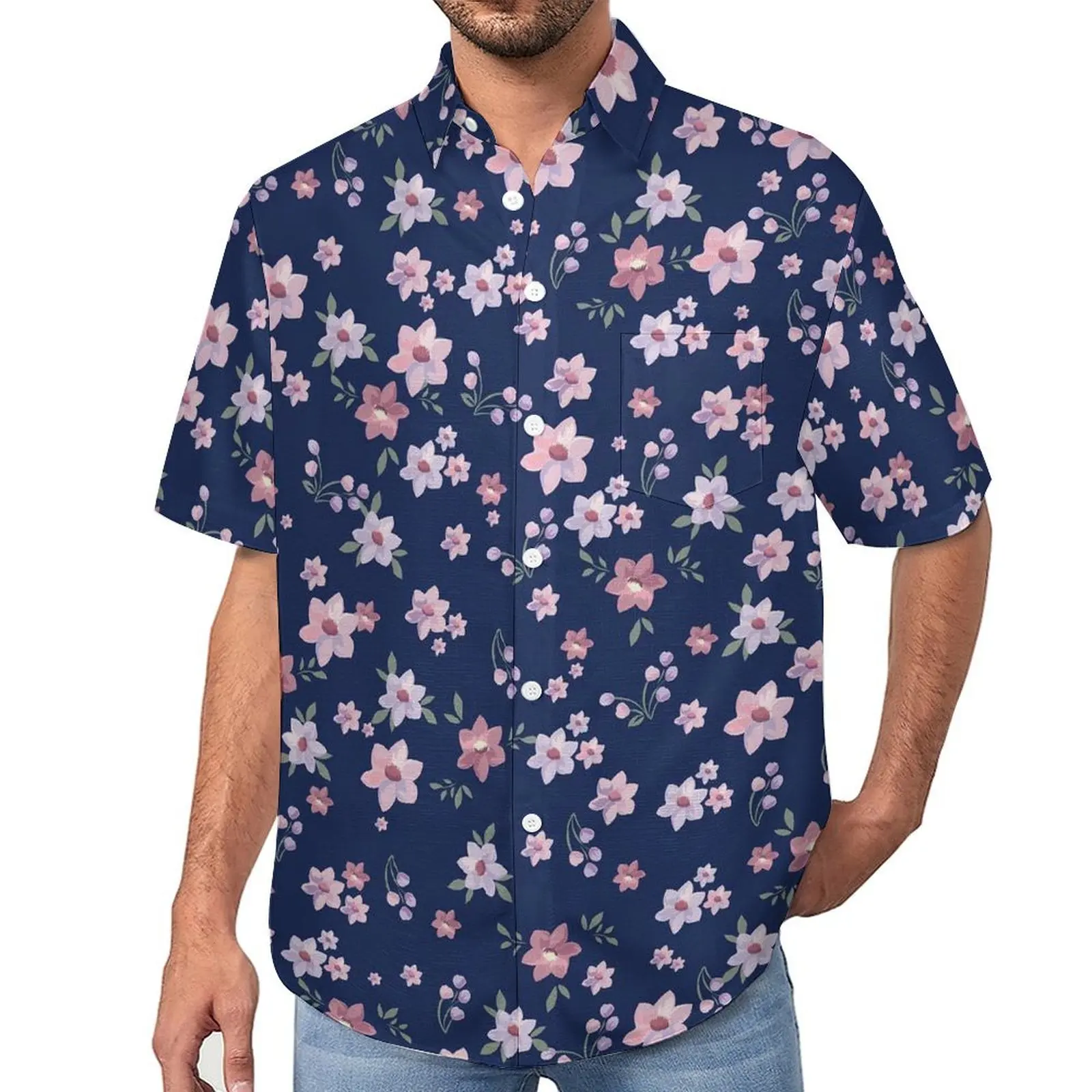 

Blue And Pink Daisies Vacation Shirt Vintage Floral Summer Casual Shirts Male Novelty Blouses Short-Sleeve Graphic Clothing