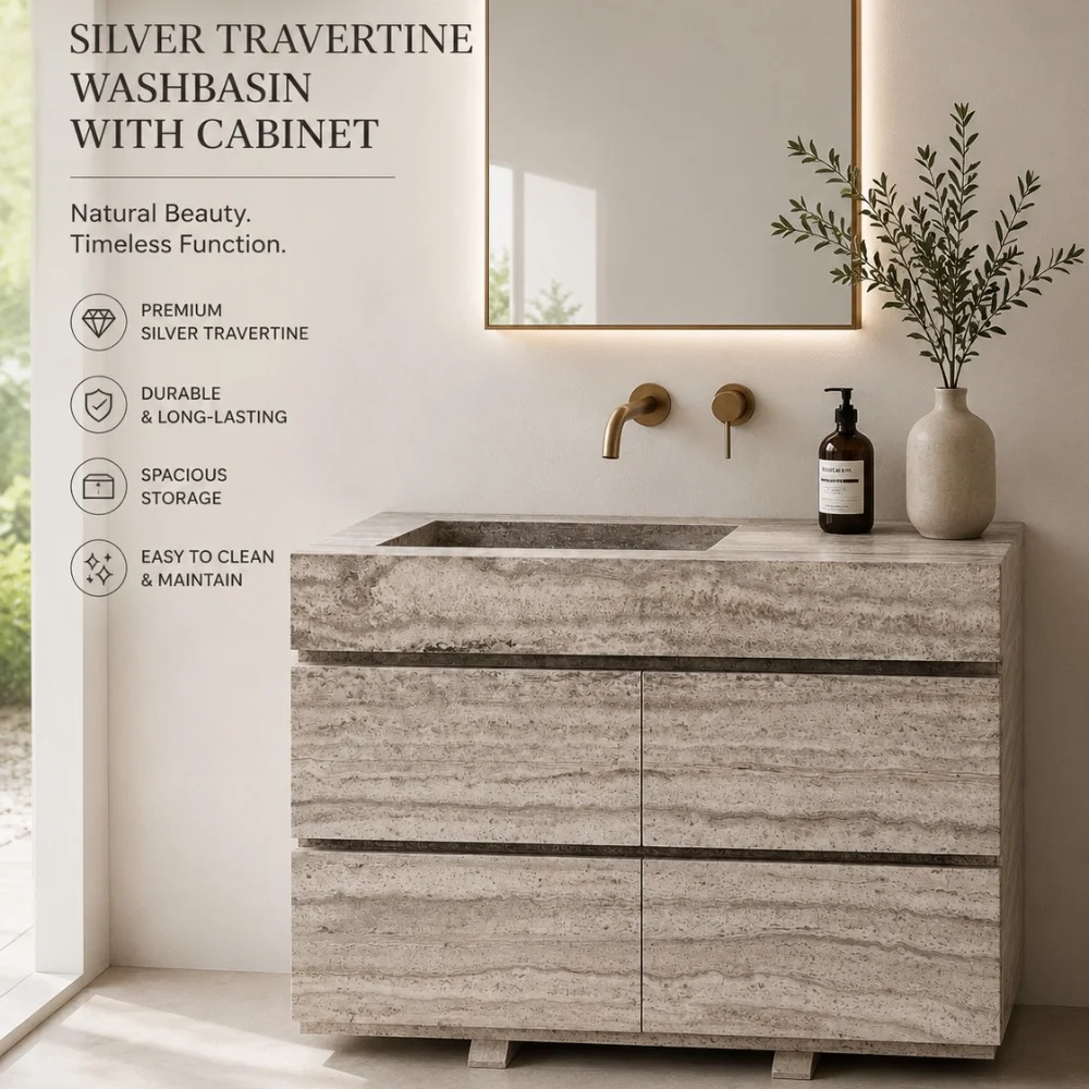 #￥Luxury Silver Travertine Washbasin Cabinet Natural Stone Sink with Drawers for Modern Hotel and Residential Bathroom Projects