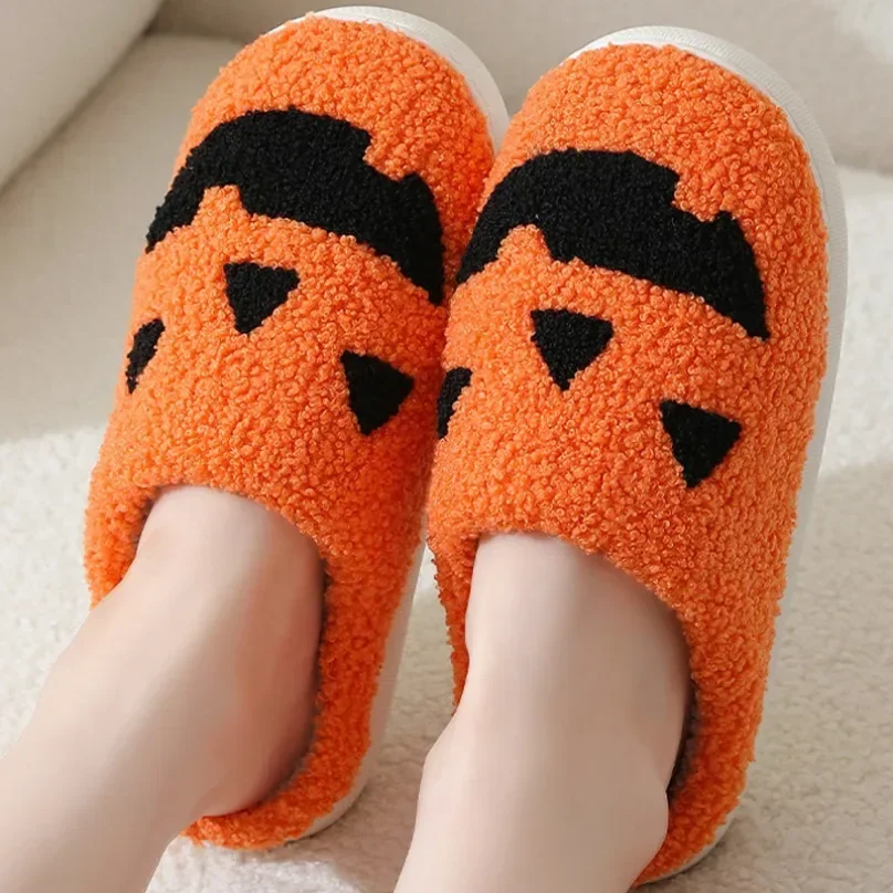 Halloween Pumpkin House Slipper Women Fuzzy Winter Warm Kawaii Plush Indoor Floor Non Slip Men Male Home Shoes Female Plaid Gift