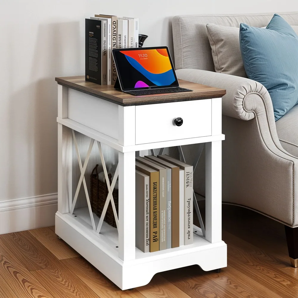 Farmhouse End Table Side Table Nightstand Drawer Open Storage