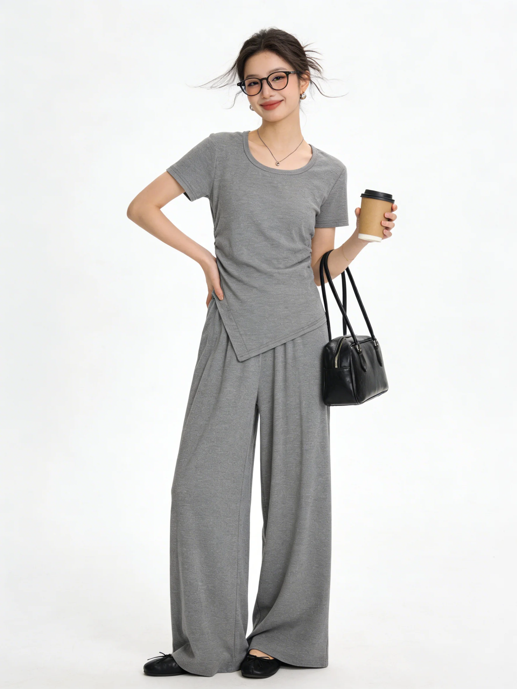 

Slim Fit Short Sleeve round Neck Top And High Waist Wide Leg Pants Two Piece Set for Women Summer Commute Breathable Korean S...