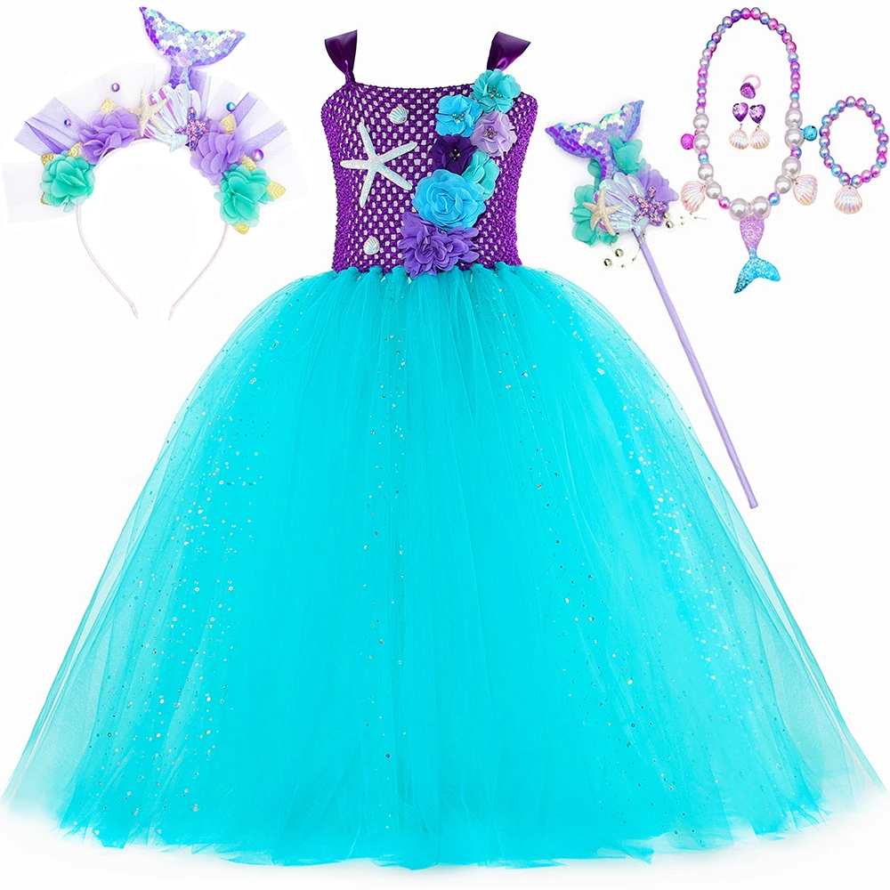 

Girls Mermaid Costume Glitter Ankle Length Little Mermaid Princess Tutu Dress Up Toddler Kids Halloween Birthday Party Dresses