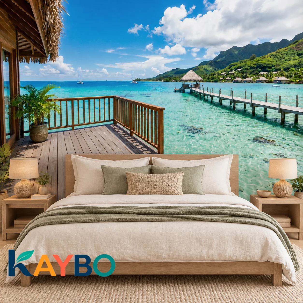 Tropical Beach Wallpaper Mural, Ocean Lagoon Island Resort Scenery Wall Decor, Seaside Living Room and Bedroom Non Self Adhesive