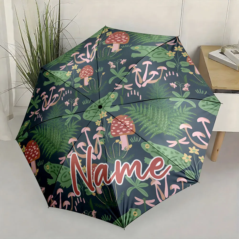 Custom Name Whimsical Forest-Themed Umbrella with Frogs and Mushrooms 8 Iron Ribs Folding Umbrella Auto-Open Fashion Sunshade