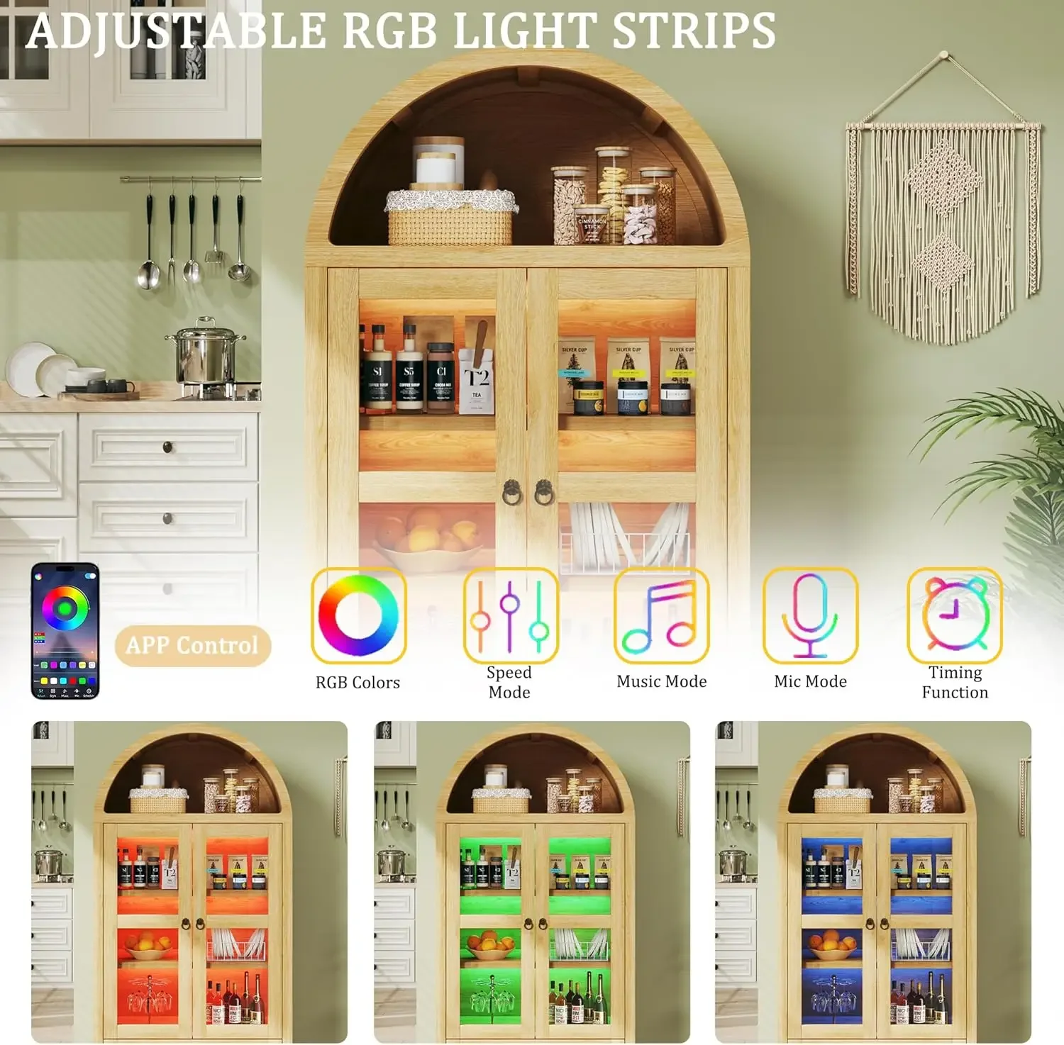 [سعر مخفض! شحن مجاني! ][سعر مخفض، عرض ساخن! ] خزانة مخزن طويلة مقاس 71 بوصة، خزانة مقوسة مع أضواء LED، مطبخ S