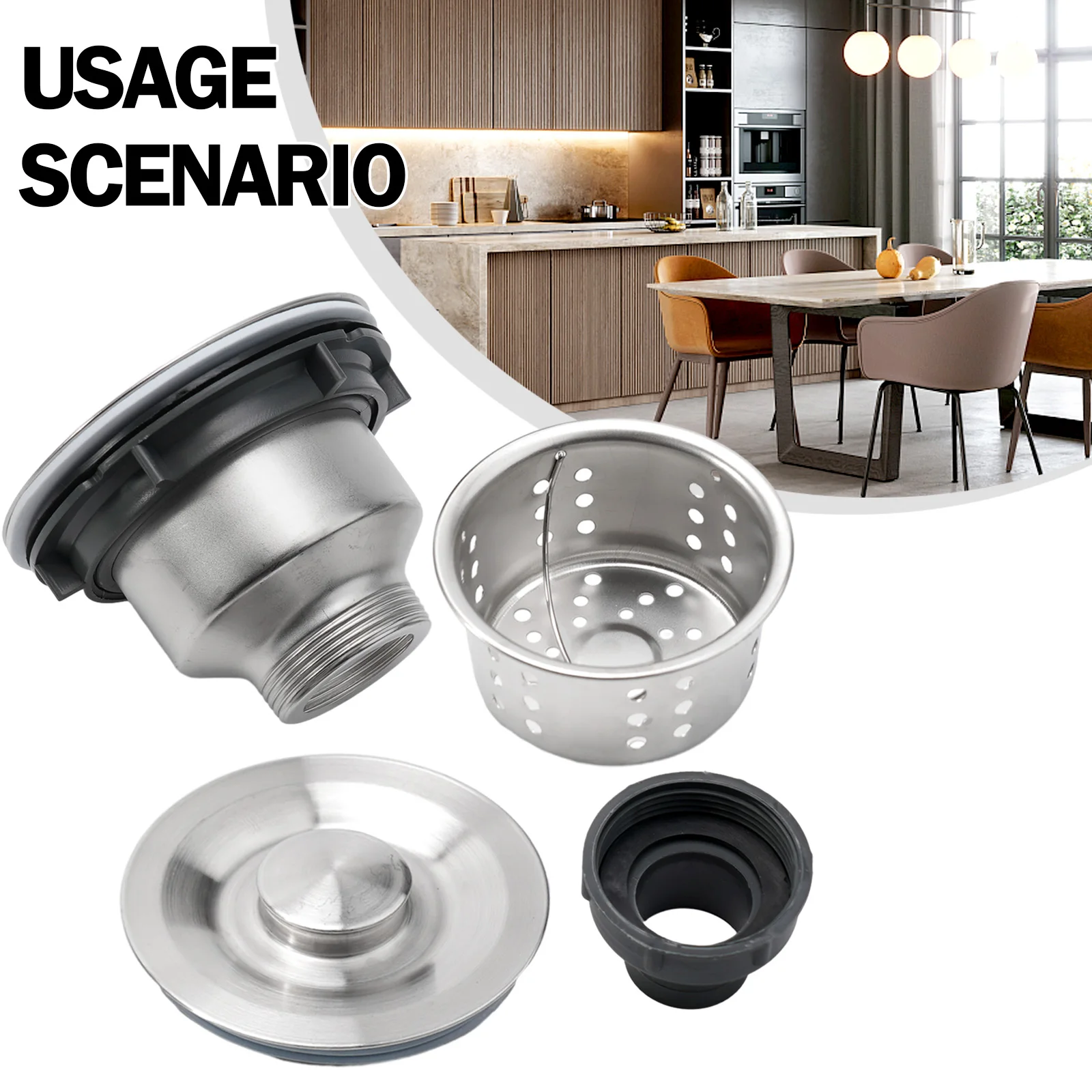 Kitchen Sink Drain Assembly Waste Strainer Basket Replacement Stopper Waste Plug Sink Basin Drain Filter Stainless Steel