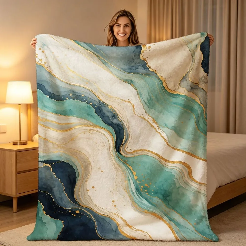 Stylish Abstract Blue Marble Swirl Print Throw Blanket Luxury Silver Foil Fluid Pattern Soft Warm Sofa Bed Blanket All Season