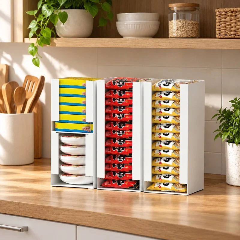 Versatile Kitchen Storage Box for Instant Noodles with Integrated Tissue Holder and Tabletop Organizer
