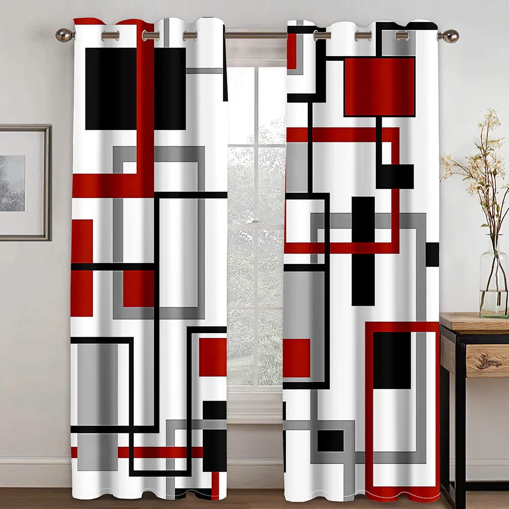 Abstract Geometric Blcak Red Modern Window Curtains For Living Room Bedroom Bathroom Kicthen Door Home Decor On Sale 2Pieces