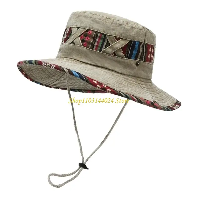 

N5KE Summer Used Foldable Fisherman Hat Ethnic Embroidery Design Comfortable Cotton Blend For Festivals Outings