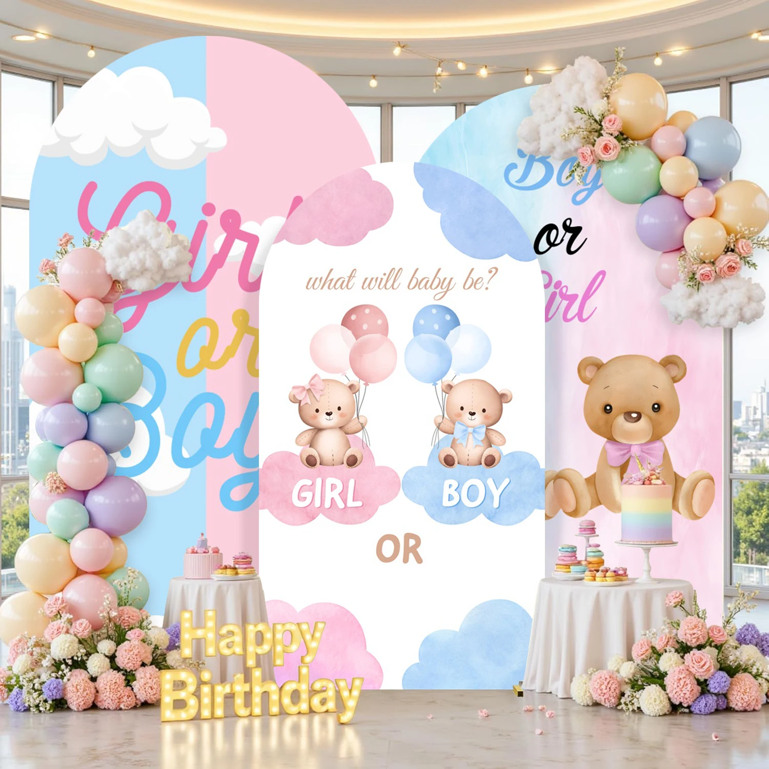 Gender Reveal Arch Cover Background for Boy Or Girl Birthday Party Baby Shower Rainbow Star Balloons Teddy Bear Arched Backdrop