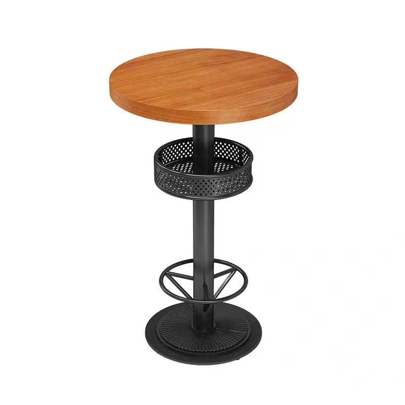 Kursi tinggi kayu bergaya modern klasik industrial, set meja bundar tinggi dengan penyimpanan, furnitur bar
