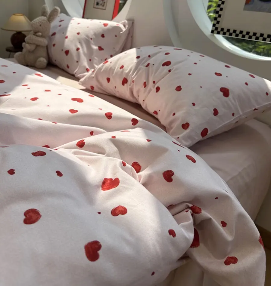 Cute sweet red heart bedding set,twin full queen king trend kawaii design cotton home textile bed sheet pillow case quilt cover