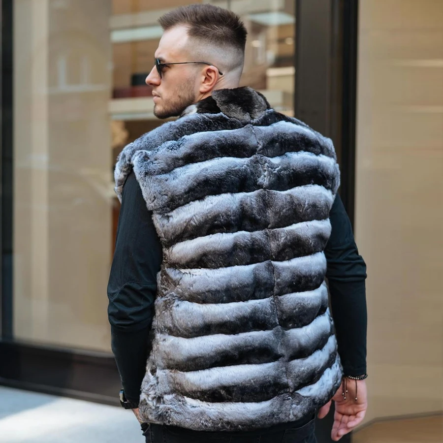 Chinchilla Rabbit Fur Vest For Men Real Fur Vests Luxury Long Waistcoat High Quality Fashion Mans Winter Vests