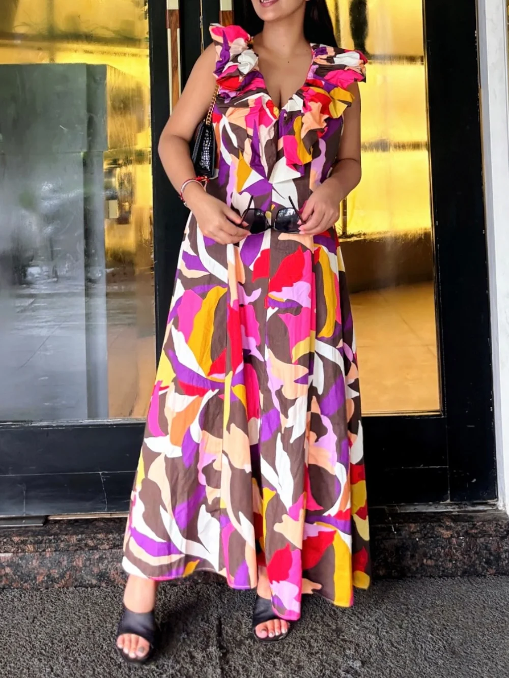 Women's waist belt printed poplin waist dress V-neck sleeveless side zipper autumn new elegant and fashionable long dress