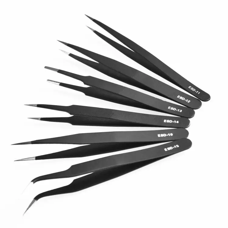 

6pcs/lot Tweezers ESD 10-15 High-elastic Anti-static Stainless Steel Soldering Tweezers Hand Tools for Soldering Station