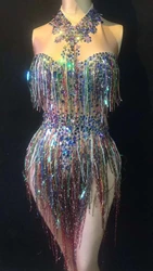 Colorful Fringes Rhinestones Bodysuit GogoDancer Costume Sleeveless Jumpsuit NightclubFemale Singer Show Bright Leotard HulaB132