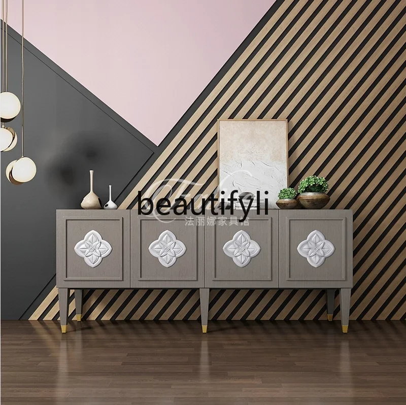 American solid wood light luxury door cabinet TV cabinet Modern high-grade gray carved wall cabinet Living room model room  R