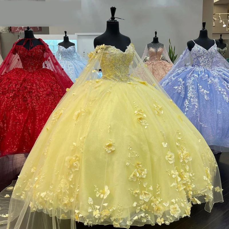 ANGELSBRIDE Yellow Plus Size Quinceanera Dresses Cape Applique Beading Princess Vestidos 15 Anos Puffy Debutante Sweet 16 Dress