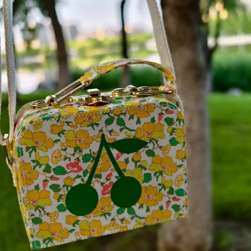 BP Floral Cherry Print Girls Yellow Handbag Children's Crossbody Purse for Kids Cute and Fashionable Toddler Shoulder Bags