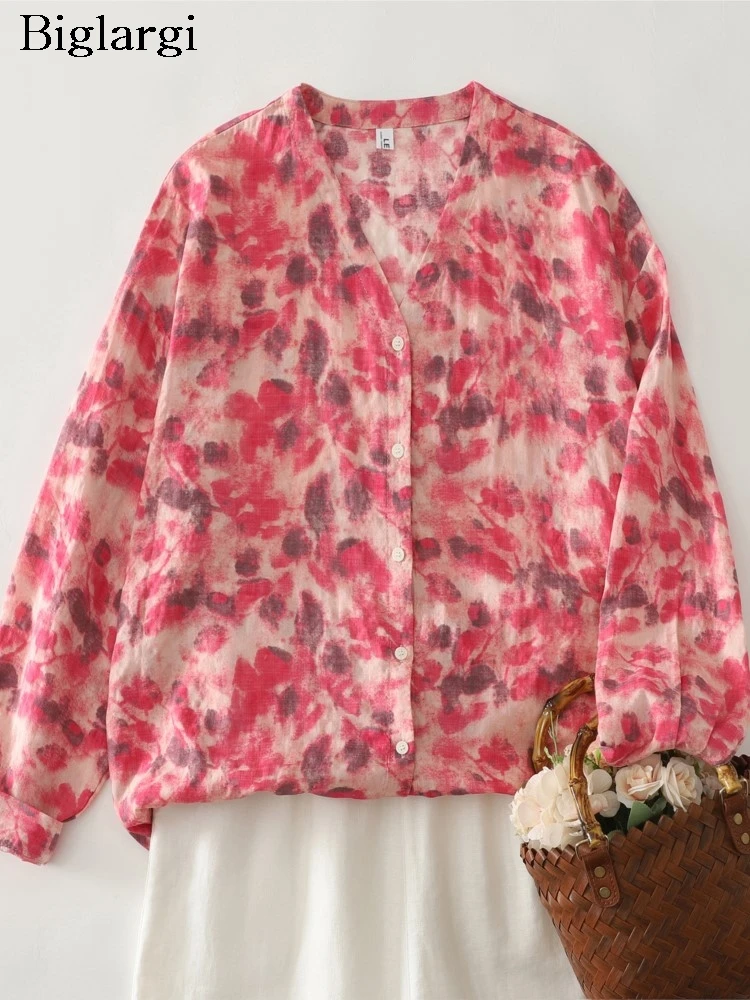 

Осенние розовые рубашки большого размера с v-образным вырезом, женские модные повседневные свободные женские блузки с цветочным принтом, женские рубашки с длинными рукавами, пальто