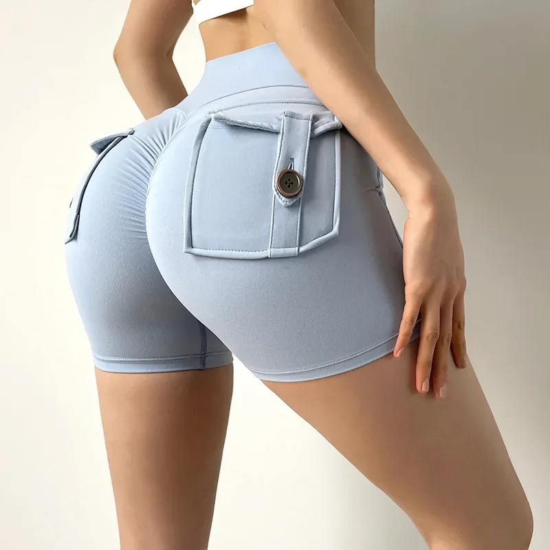 Cargo Pants Short High Waist Hip Lifting Sports Shorts Three-point Yoga Pants Sexy Gym Yoga Women Running Shorts with Pockets