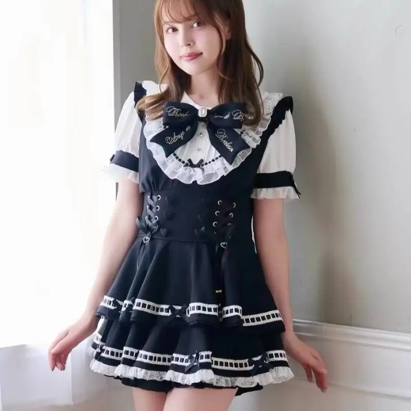 Kawaii Black White Gothic Lolita Dress Puff Short Sleeve Tiered Suspender Skirt Lace Bow Sweet Girly Jirai Kei Costume