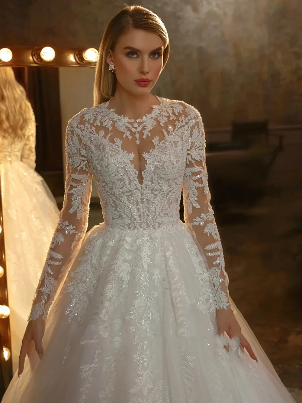 Flavinke Customized Exquisite Wedding Dresses Round Neck Full Sleeves Beading Lace Tulle A Line Woman Bridal Gown Robe De Mariag