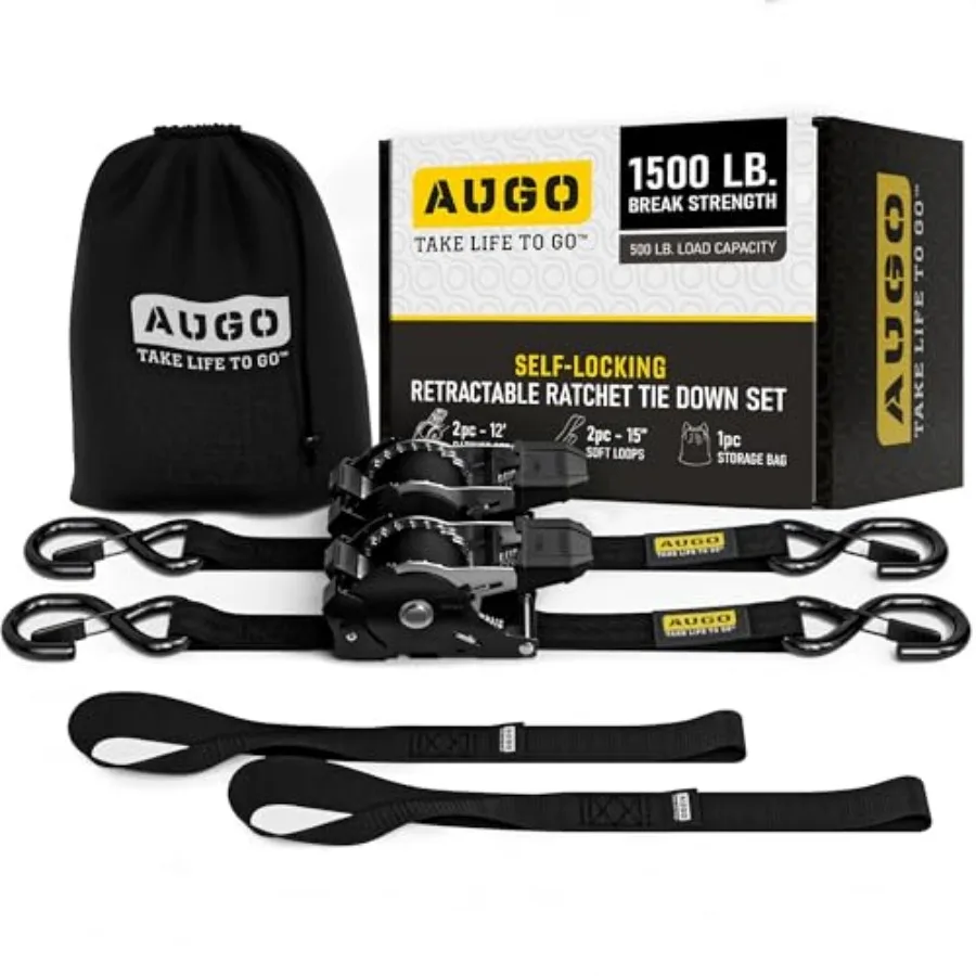 

Self-Locking Retractable Ratchet Straps 2 Heavy Duty Self-Tensioning Retractable Tie Down Straps with Soft Loops and Storage Ba