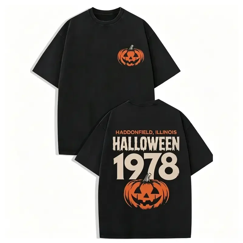 Mens 1978 Haddonfield Pumpkin Print Casual T Shirt Michael Myers Horror Merch Cotton Graphic Top Lightweight Sports Gift