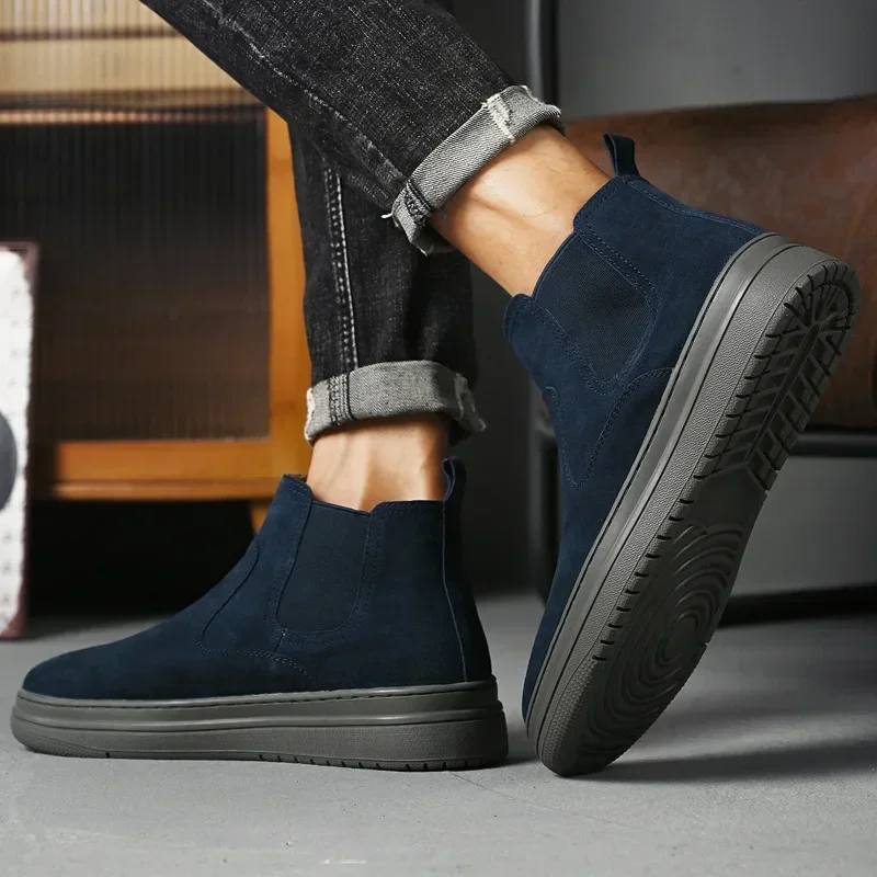 Cowhide Flat Bottomed Short Boots Men Autumn Winter British Style Anti-skid Comfortable Chelsea Boots Sports Casual Shoes