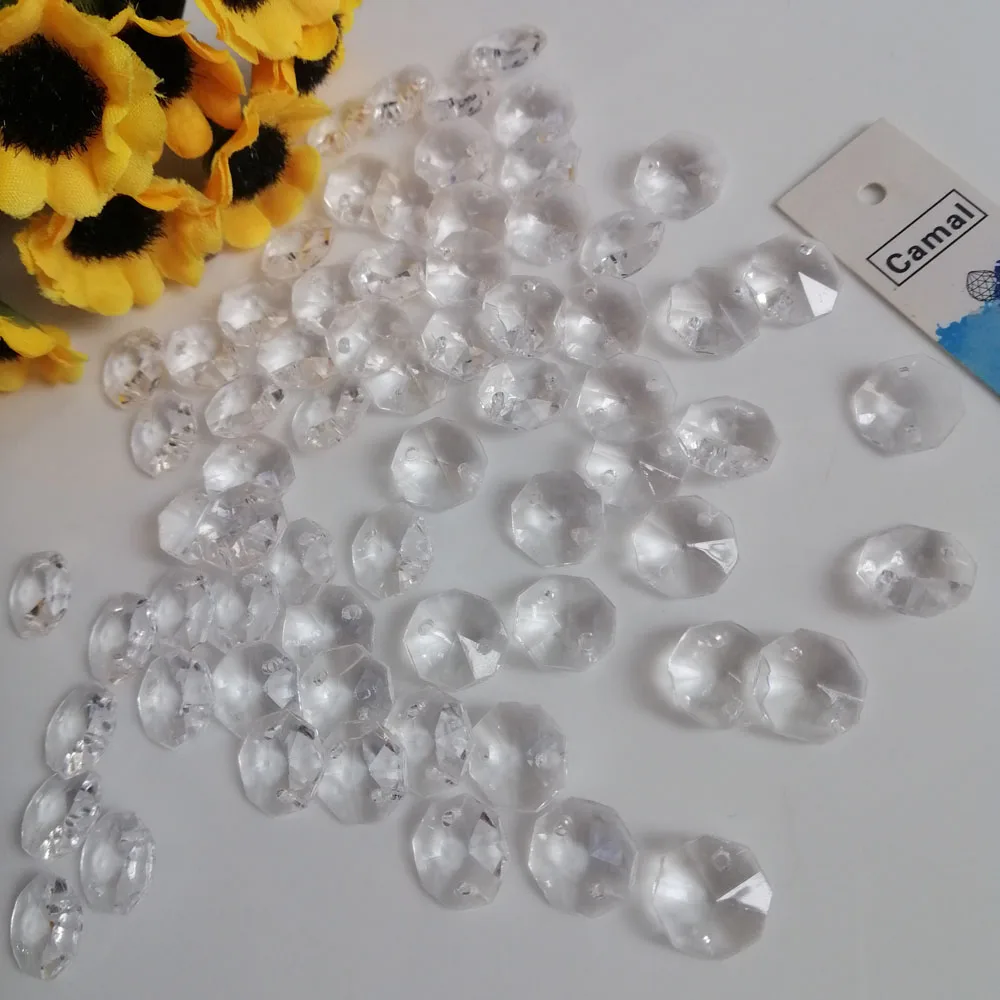 Cama 100PCS 10mm Clear Acrylic Octagon Loose Beads Chandelier Parts Pendant Chain for Strands 2 Holes Christmas Tree Center DIY