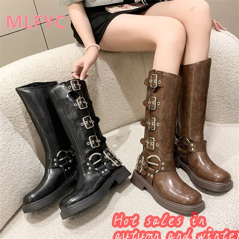 

Vintage Long Boots, Belt Buckle, Thick Heels, Women's Autumn and Winter Western Boots, Knight Fashion Boots, Leather Boots