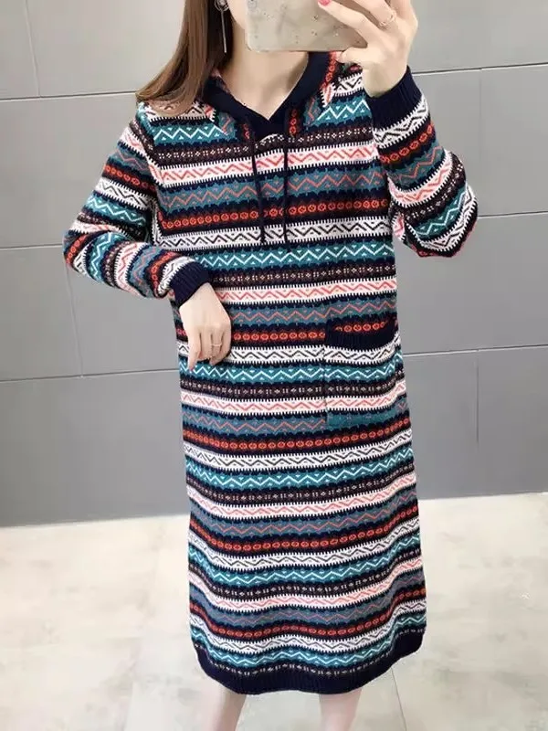 

Модный полосатый трикотаж большого размера Dr, женский длиной до колена с капюшоном, средней длины, весна-осень, новый свободный корейский сарафан для поездок на работу