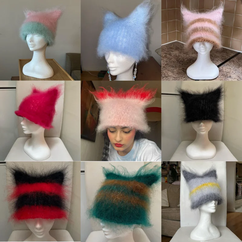 

New Genuine Real Natural Knitted Mink Fur Hat Cap Luxury Women Handmade Knit Fashion Winter Headwear Warm Real Fox Fur Beanies