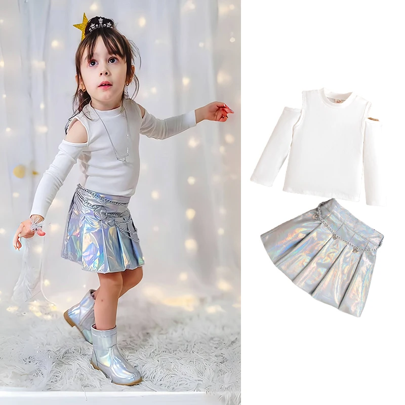 Autumn Kids Girls Skirt Set Long Sleeve Tops + Silver Pleated Short Skirt Casual Daily Outfit Baby Gril Clothes For 2 to 6 Years