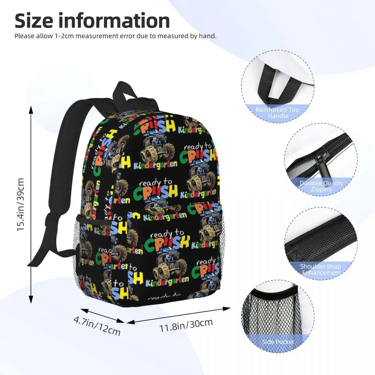 Cute Kids Ready To Crush Kindergarten Monster Truck Backpack Boy Girl Bookbag Students School Bags Laptop Rucksack Shoulder Bag