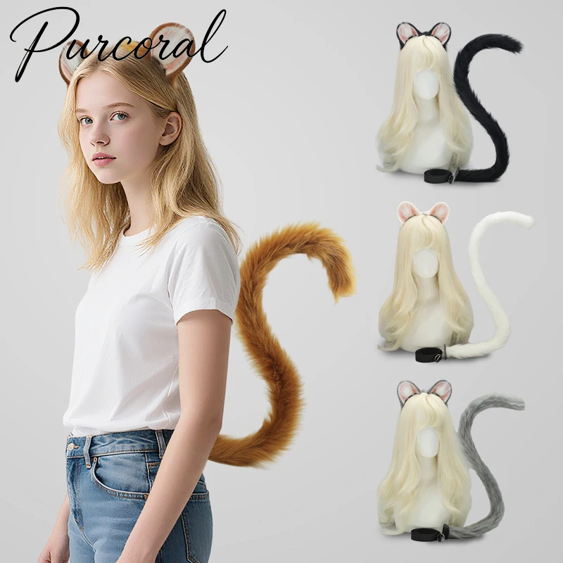 Purcoral 2026 New Halloween Beast Ear Mouse Ear Hair Hoop Plush Cos Mouse Ear Prop Hamster Ear Tail Set