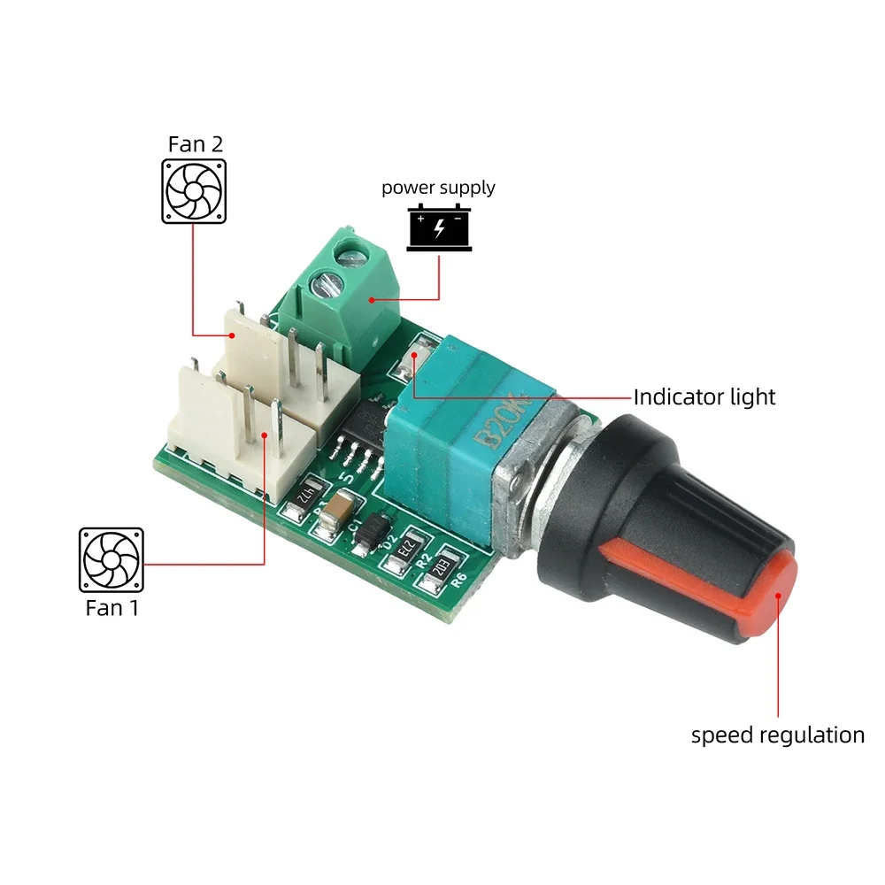 Einstellbarer Zweikanal-PWM-Lüftergeschwindigkeitsregler 4-Draht 12-24V 1,5A mit LED-Anzeige und Verpolungsschutz für Computer – Detail 10