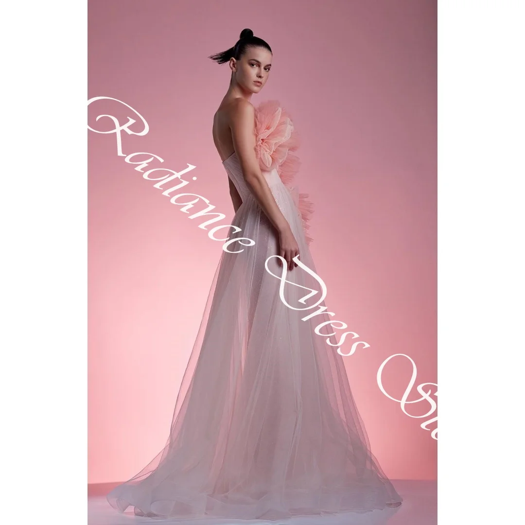 فساتين سهرة مخصصة رشيقة من التل على شكل حرف a مكشكشة ومطرزة صدفي بدون أكمام ذيل لوحة وسحاب خلفي للحفلات الراقصة #3