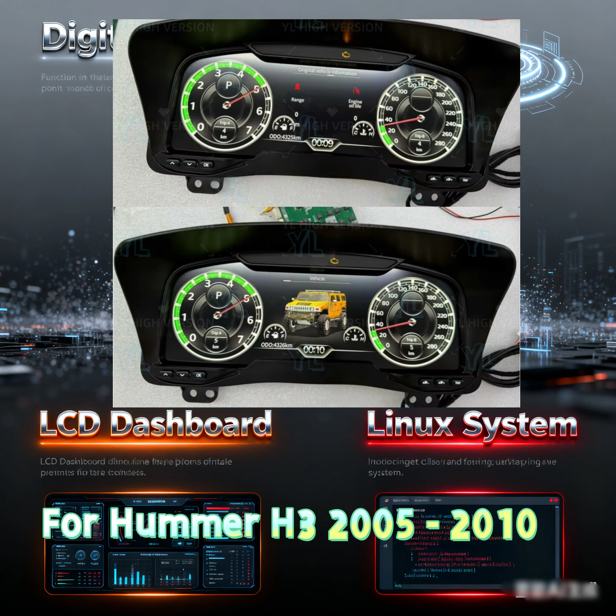 

12,3-дюймовая цифровая приборная панель LCD (виртуальный кокпит) для Hummer H3 2005-2010, экран спидометра, головное устройство, дисплей приборной панели