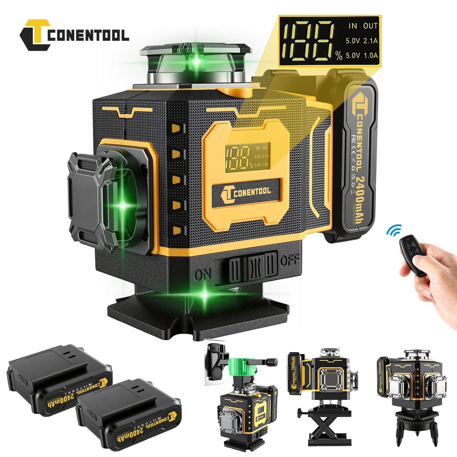 CONENTOOL 4D 16 Linien Grüner Laser-Nivellierer Selbstnivellierend 360° Kreuzlinienlaser mit Stativ Fernbedienung 2 Batterien für Wand Fliesen Boden Decke
