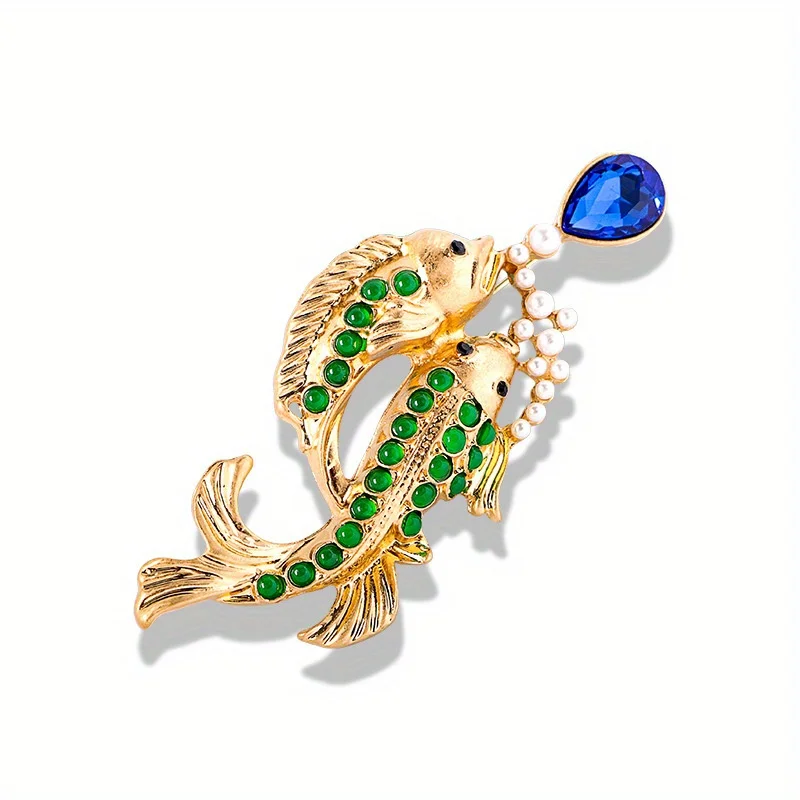 Vintage Elegant Double Koi Spit Beaded Brooch Women Personality Beautiful Fashion Exquisite Corsage Jacket Corsage Pins Jewelry