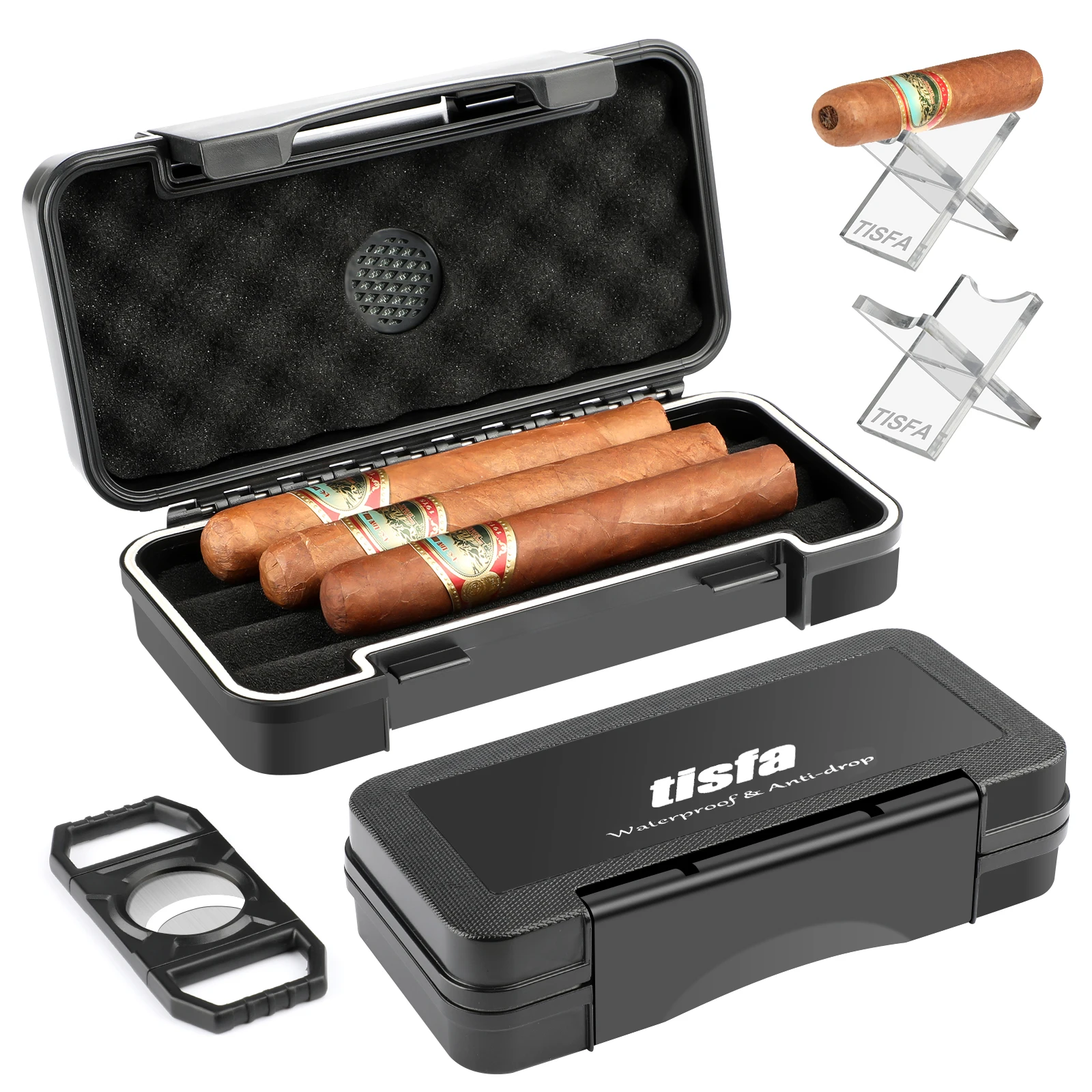 Cigar Travel Humidor Case with Cigar Cutter and Cigar Stand, Portable Cigar Humidor,Waterproof Box, Gift Set for Men