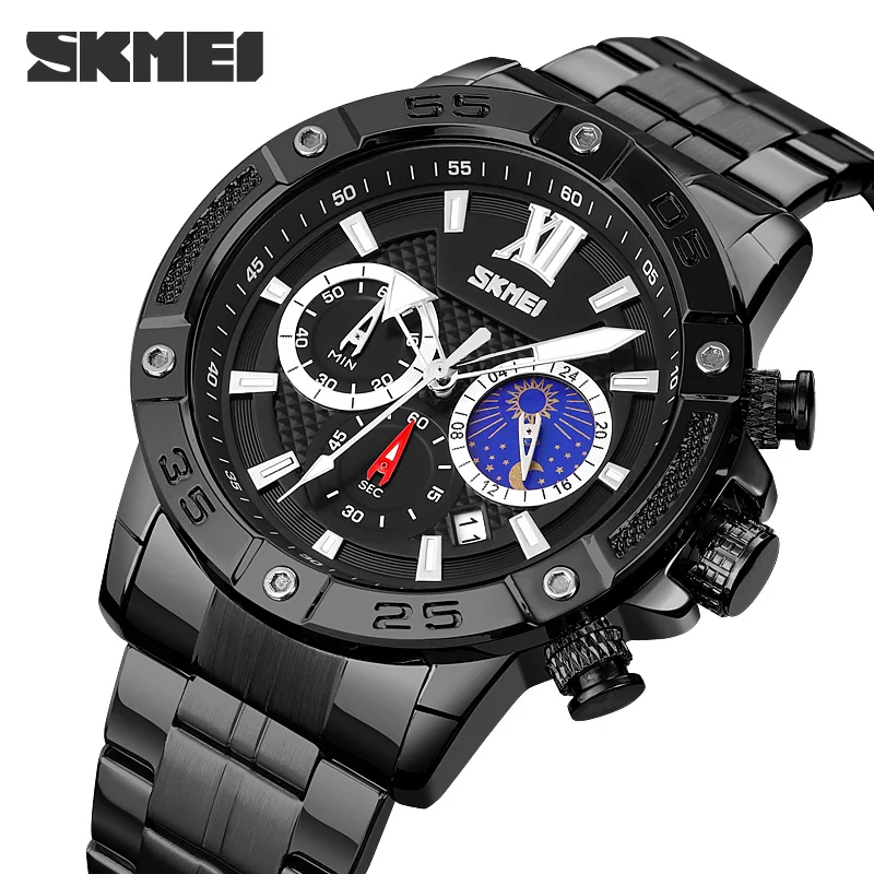 SKMEI Relogio Masculino Mens Watches Top Brand Luxury Casual Sports Stopwatch Date Moonphase Quartz Wristwatch Full Steel Clock