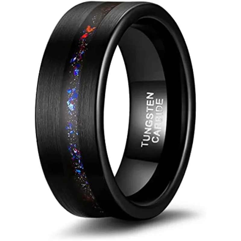 Somen 8mm Męskie obrączki ślubne Czarne pierścionki wolframowe dla mężczyzn Kobiety Piaskowana opalowa wkładka Groove Center Męskie pierścionki Matowe wykończenie