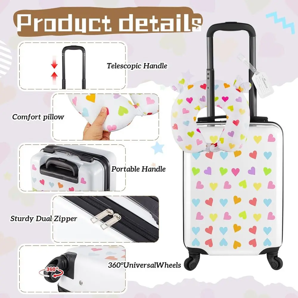 طقم أمتعة دوارة بيضاء للفتيات مكون من 3 قطع مع 18 و20 حافظة وتصميم قلب