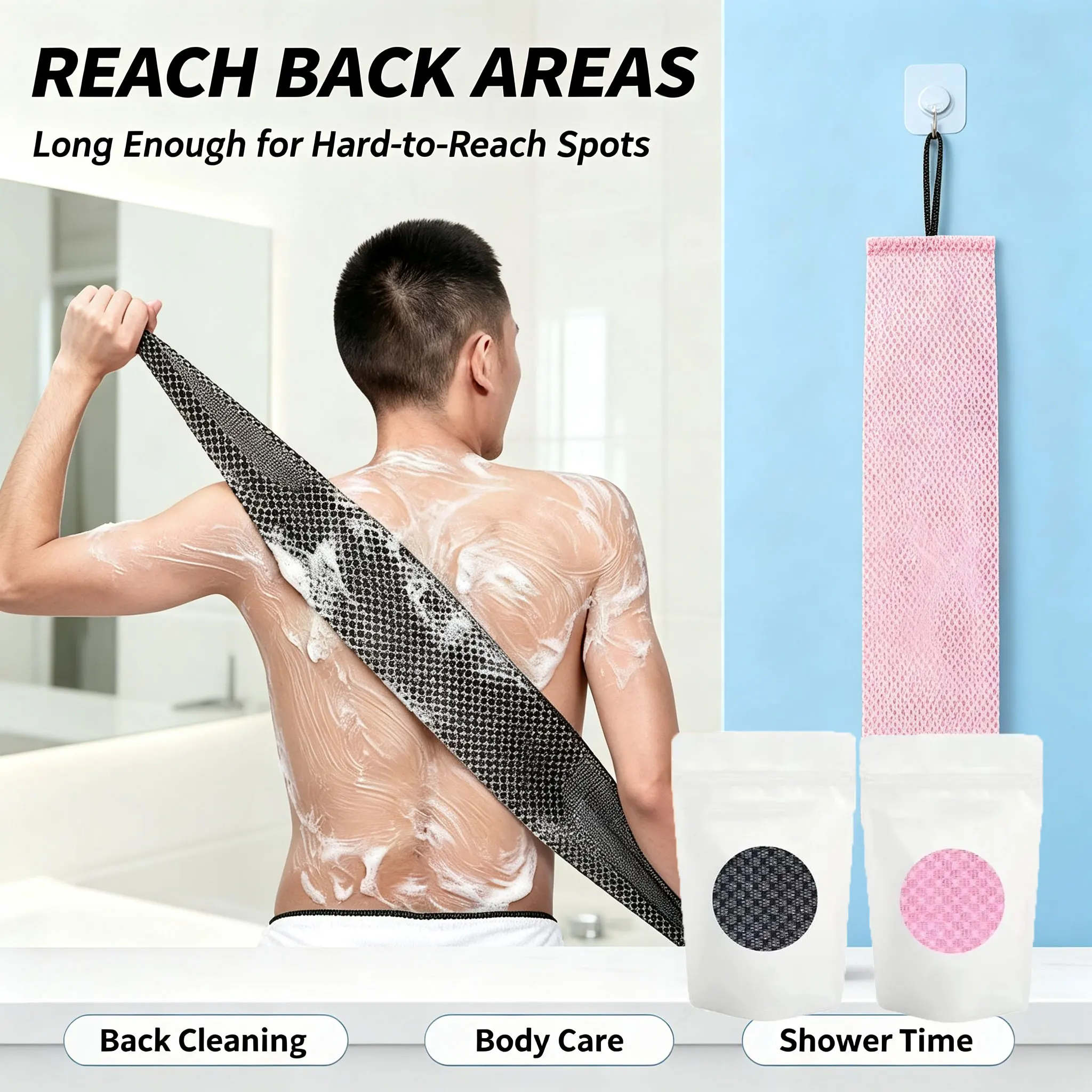 Dual Sided Exfoliating Back Scrub Towel Durable Body Scrubber Strap Unisex Extended Bath Towel for Deep Cleansing Microfiber